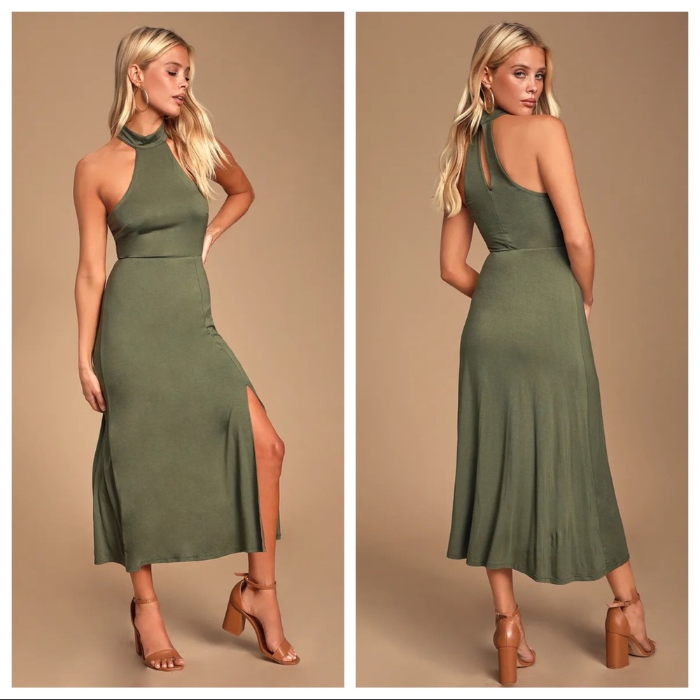 LULU’S MALANIA OLIVE GREEN HALTER MIDI DRESS
